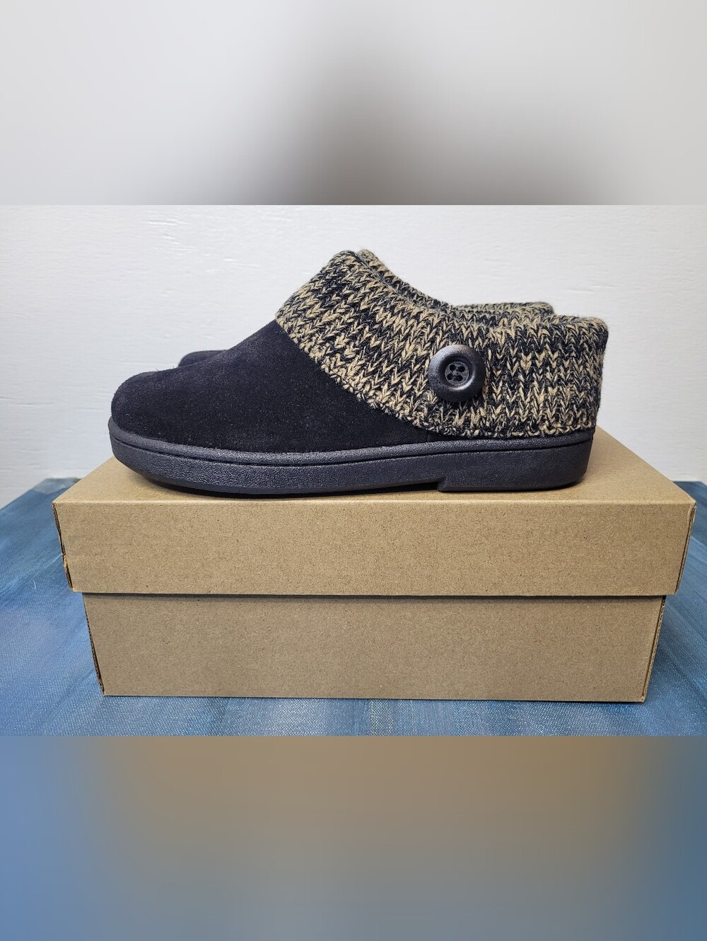 Clarks Knit Collar Clog Women's Suede Lined Slippers Black/Beige Size 7 M